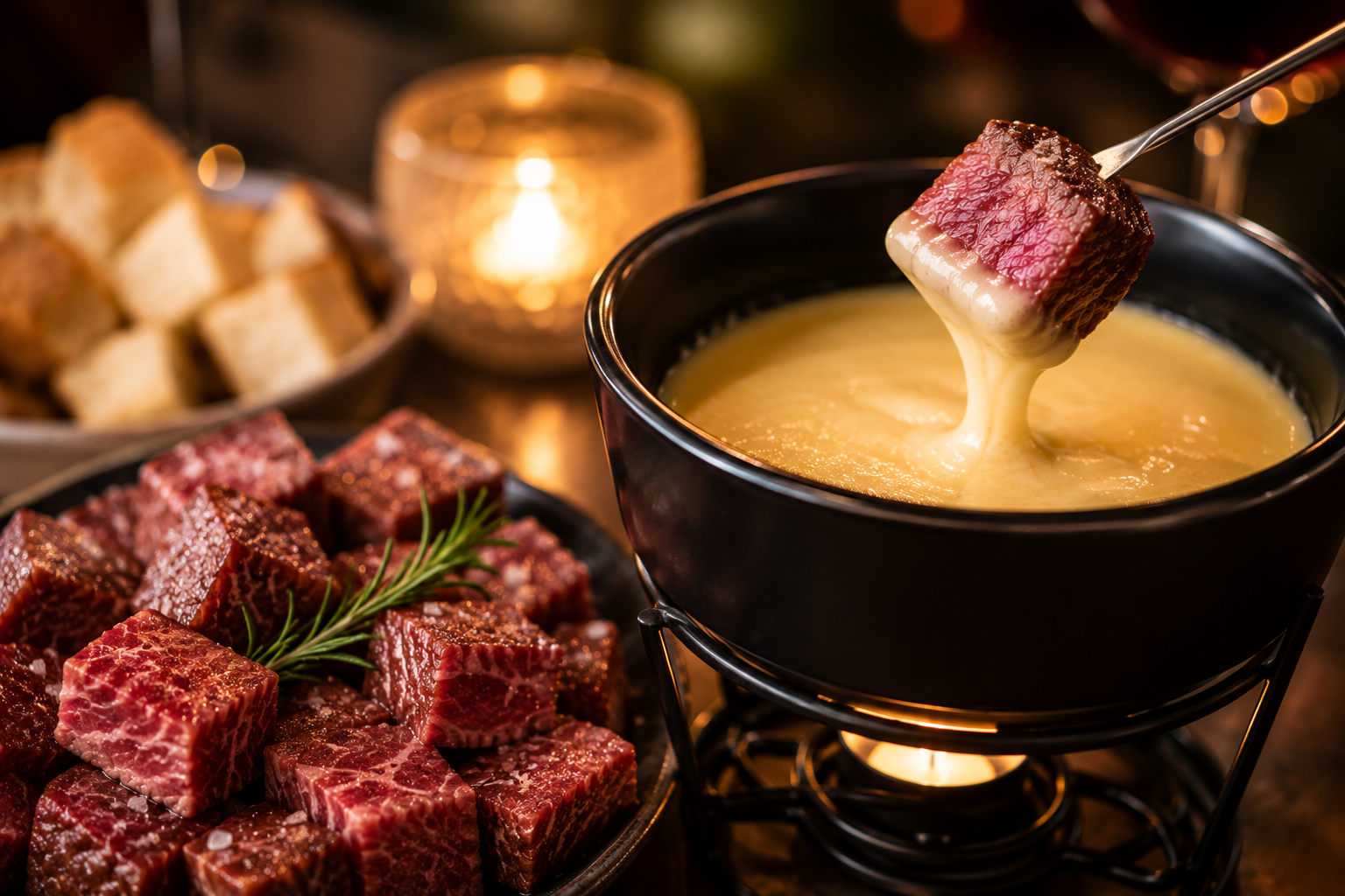 Fondue de queijo com carnes selecionadas