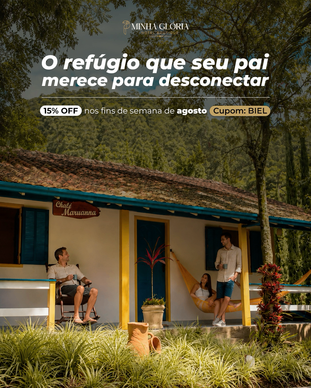 Casal desconectando em chalé do Minha Glória Hotel Boutique