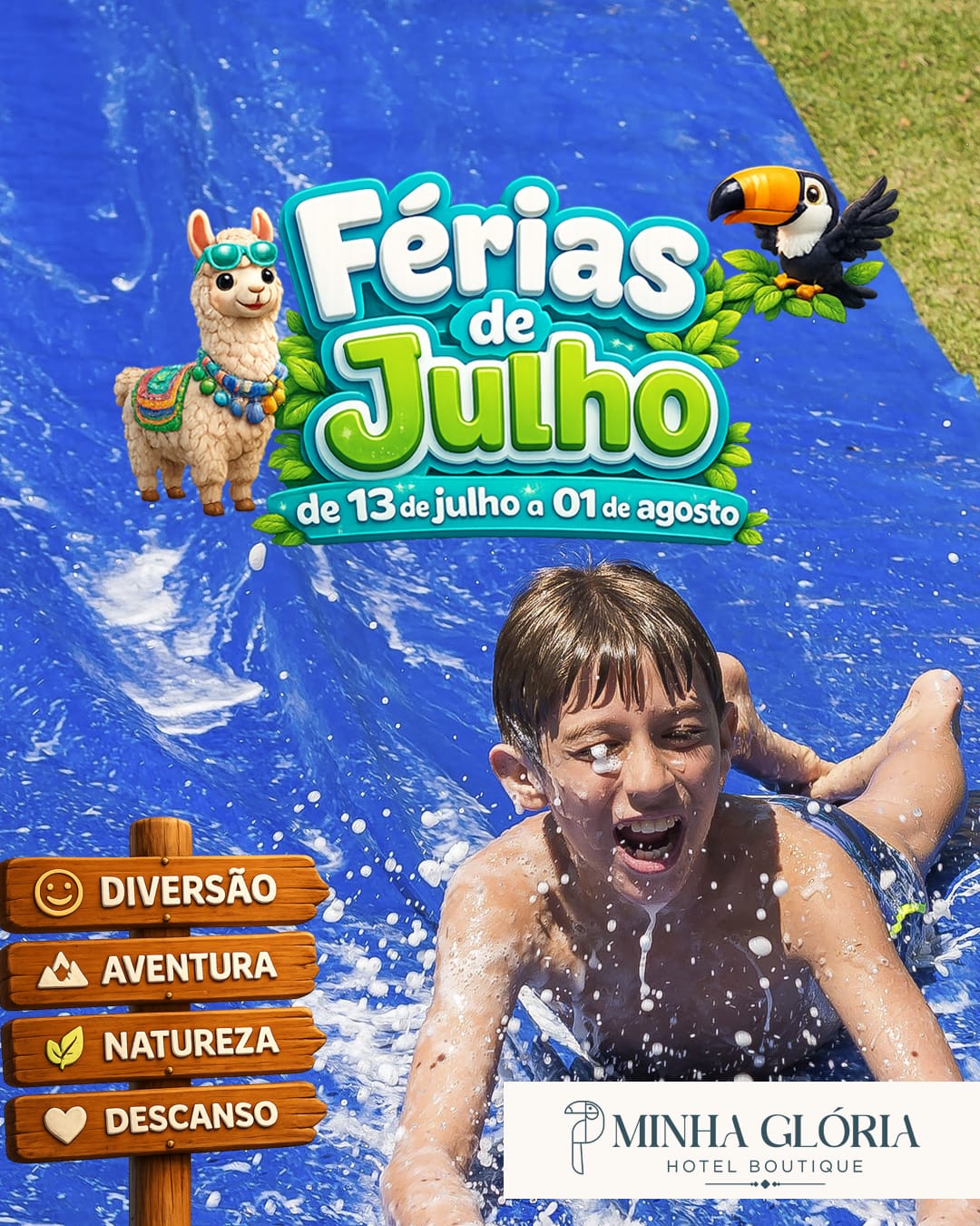Arte oficial Férias de Julho 2026 no Minha Glória Hotel Boutique