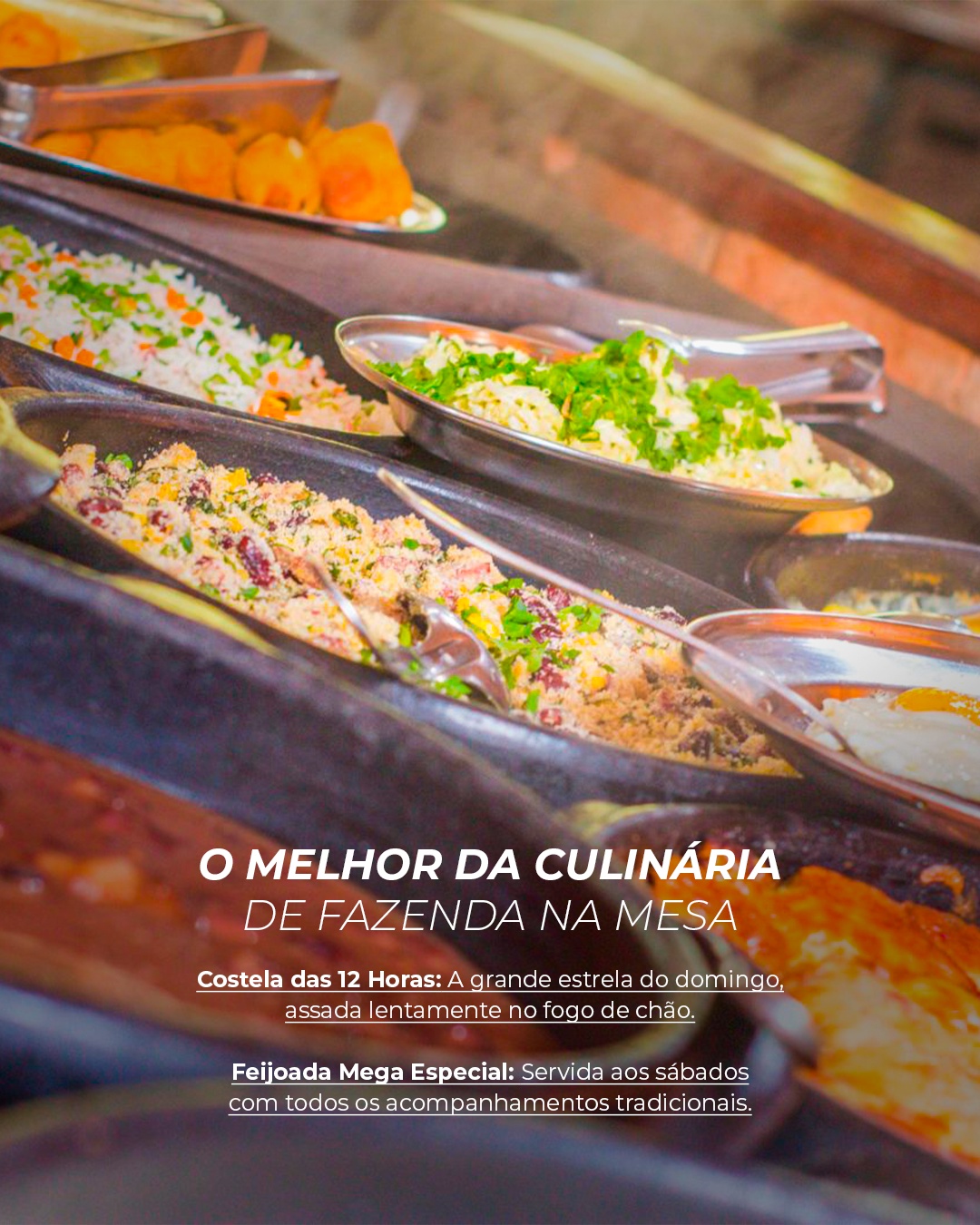Buffet de culinária de fazenda com acompanhamentos servidos em travessas