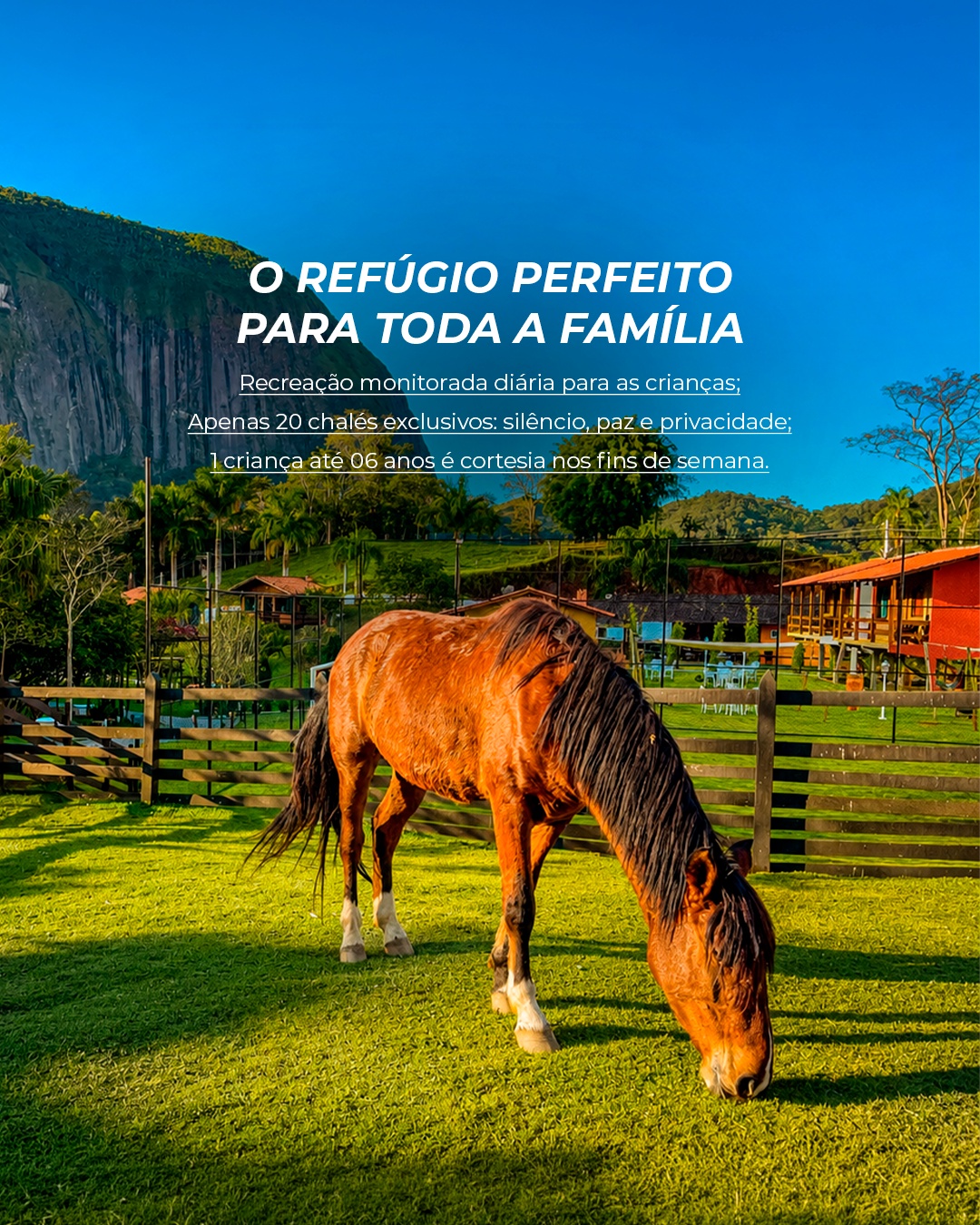 Cavalo pastando no gramado com a Pedra Riscada ao fundo